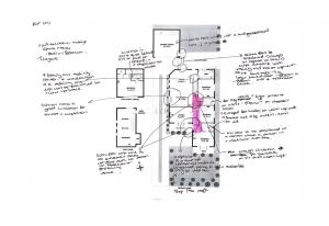 A small-scale plan of an existing 'Californian Bungalow' in Melbourne's southeastern suburbs. An accessibility analysis is scribbled around the perimeter of the plan.