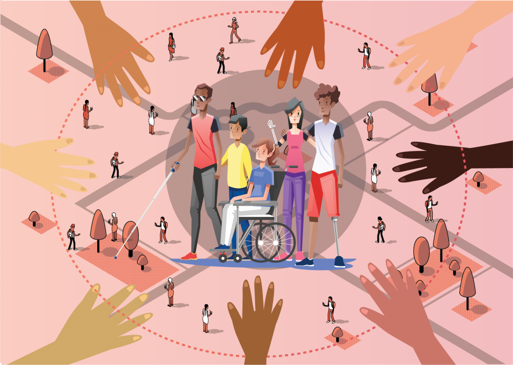 A graphic showing a diverse group of people with disabilities and an isometric background representation of the built environment.