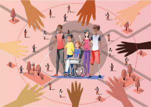 A graphic showing a diverse group of people with disabilities and an isometric background representation of the built environment.